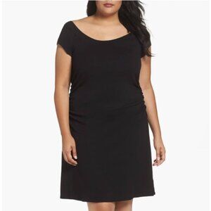 Three Dots Side Ruched Cap Sleeve A-Line Jersey Dress Black 1X 100% cotton